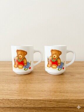 Vintage Arcopal France Children’s Mugs – Teddy Bear Design – Set of 2